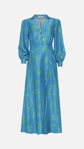 Blue Printed Silk Blend Maxi Dress with Slit