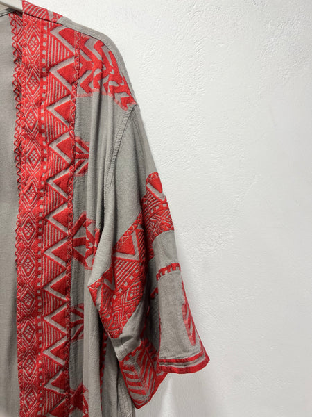 “Annetta” Embroidered Kimono - Grey/Red