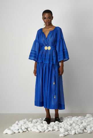 MYKONOS LONG DRESS WITH GOLDEN BUCKLES AND TASSELS