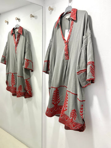 “Kally” Embroidered Dress - Grey/Red