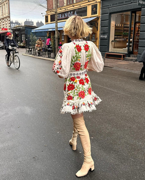 Off-White Embroidered Carmina Floral Short Sleeve Mini Dress