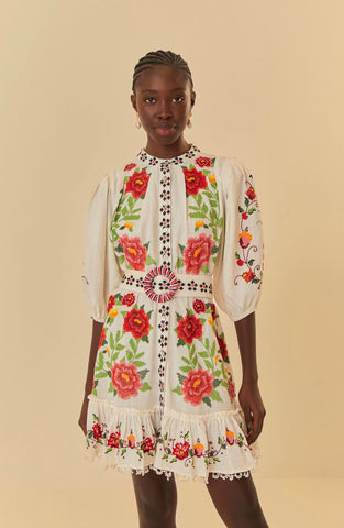 Off-White Embroidered Carmina Floral Short Sleeve Mini Dress