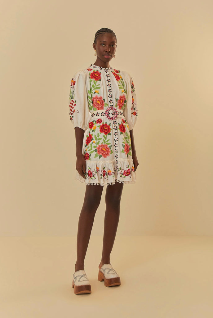Off-White Embroidered Carmina Floral Short Sleeve Mini Dress PORTES OF GREECE Off-White Embroidered Carmina Floral Short Sleeve Mini Dress PORTES OF GREECE