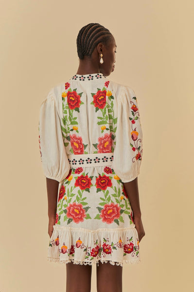 Off-White Embroidered Carmina Floral Short Sleeve Mini Dress