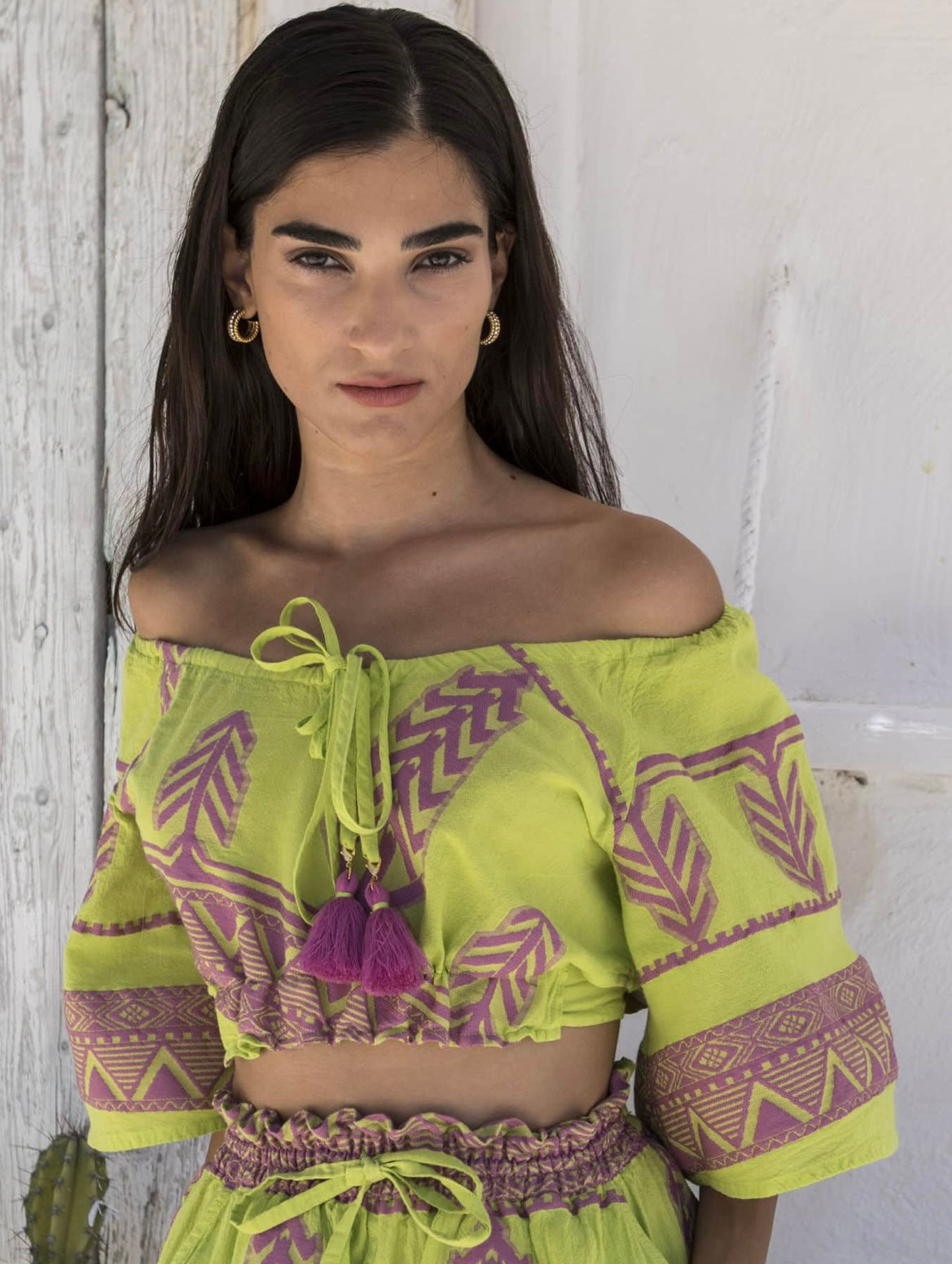 “Anisa” Embroidered Crop Top - Lime/Purple