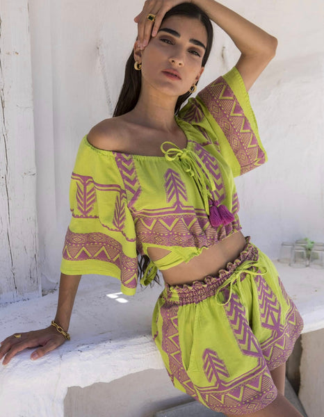 “Anisa” Embroidered Crop Top - Lime/Purple