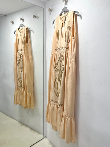 “Kyma” Embroidered Linen Dress - Salmon/Gold