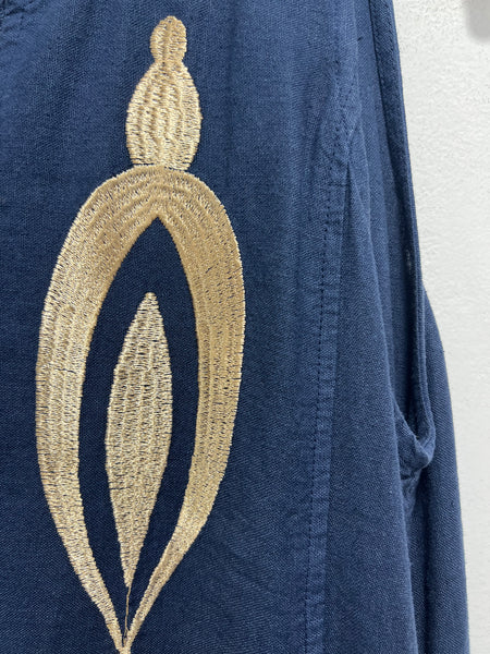 “Kyma” Embroidered Linen Dress - Blue/Gold