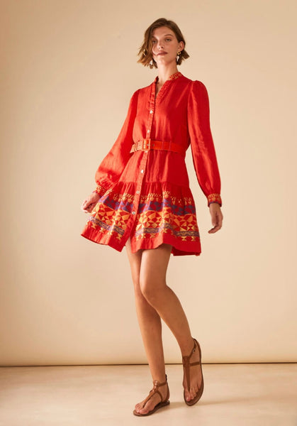 Red Linen Belted Longsleeve Mini Dress