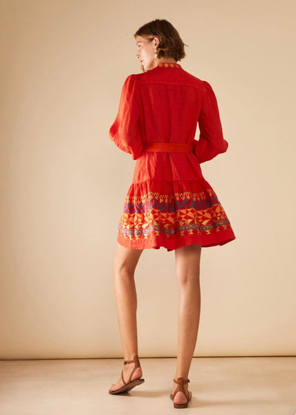 Red Linen Belted Longsleeve Mini Dress
