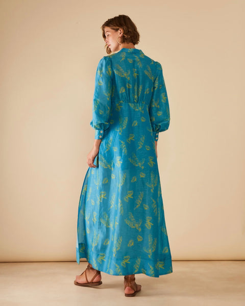 Blue Printed Silk Blend Maxi Dress with Slit