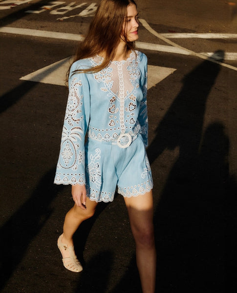 Light Blue Romantic Richelieu Euroflax Premium Linen Blouse