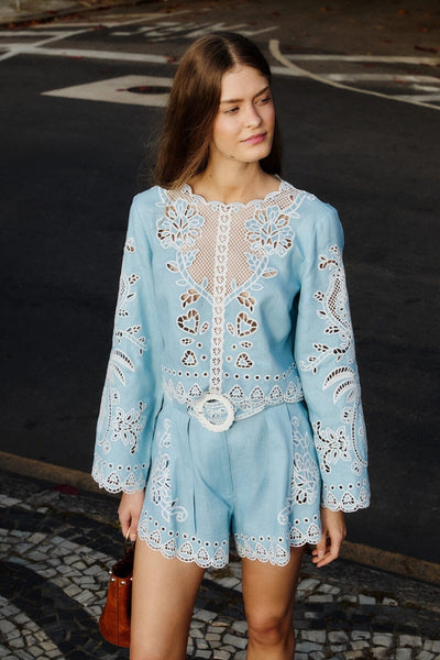 Light Blue Romantic Richelieu Euroflax Premium Linen Blouse