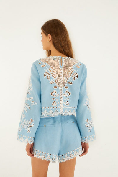 Light Blue Romantic Richelieu Euroflax Premium Linen Blouse