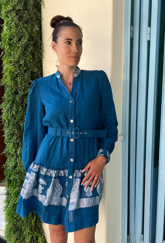“ARETI” Embroidered dress - Mediterranean blue / Silver