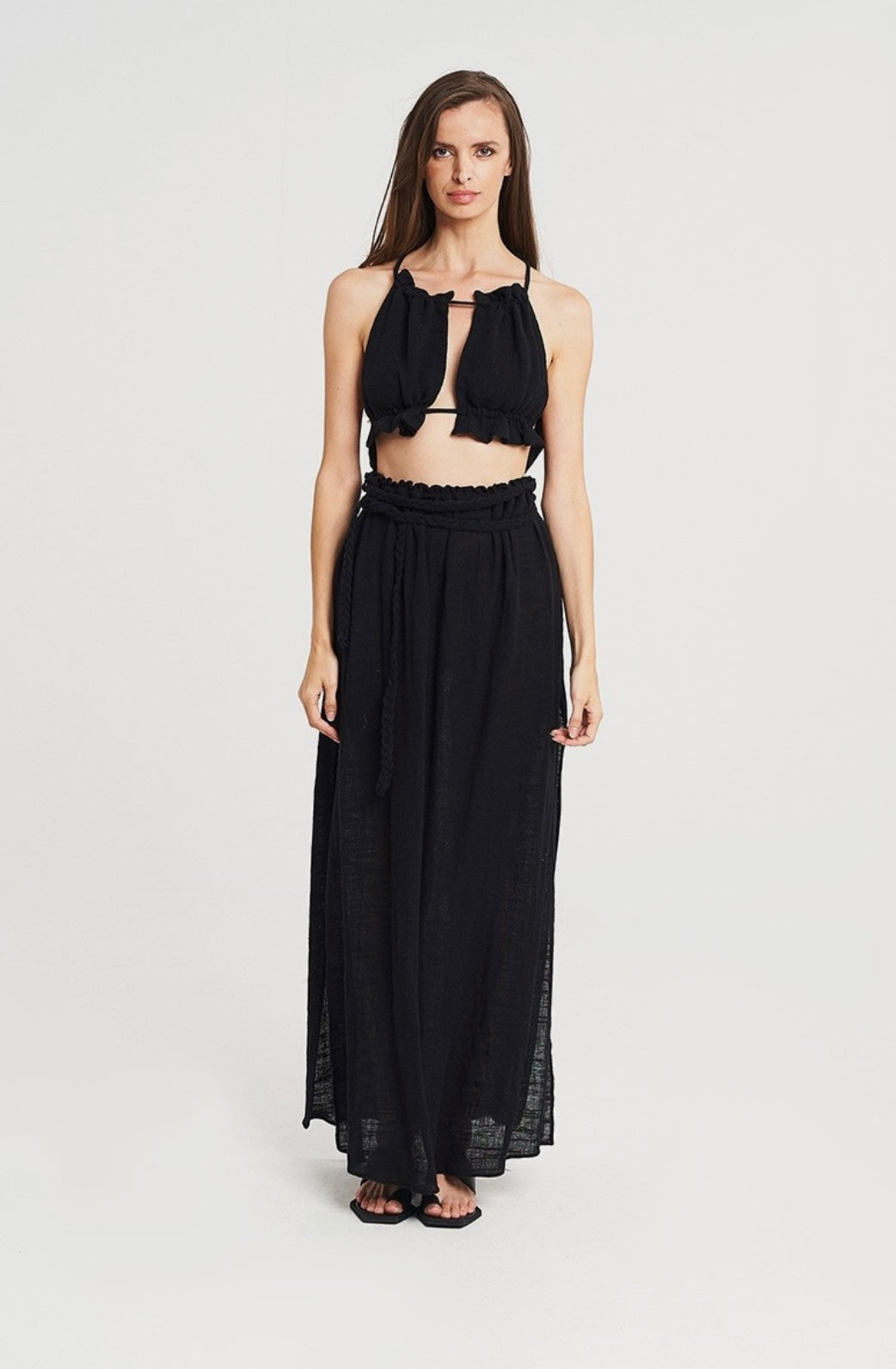 GAUZE MAXI CUT OUT DRESS WITH BRAIDS IN BLACK