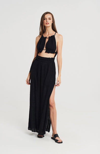 GAUZE MAXI CUT OUT DRESS WITH BRAIDS IN BLACK