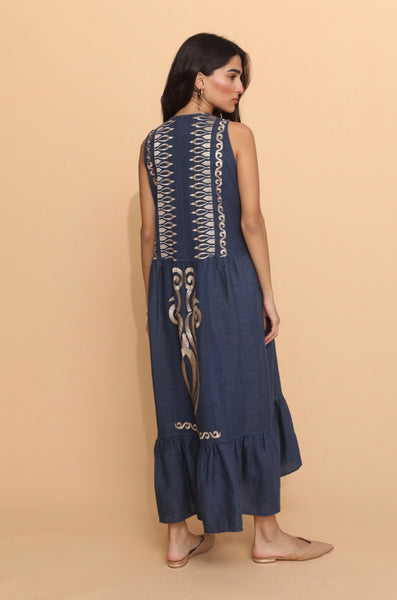 “Kyma” Embroidered Linen Dress - Blue/Gold