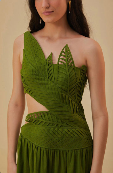 Green Leaves Cut Out Midi Dress