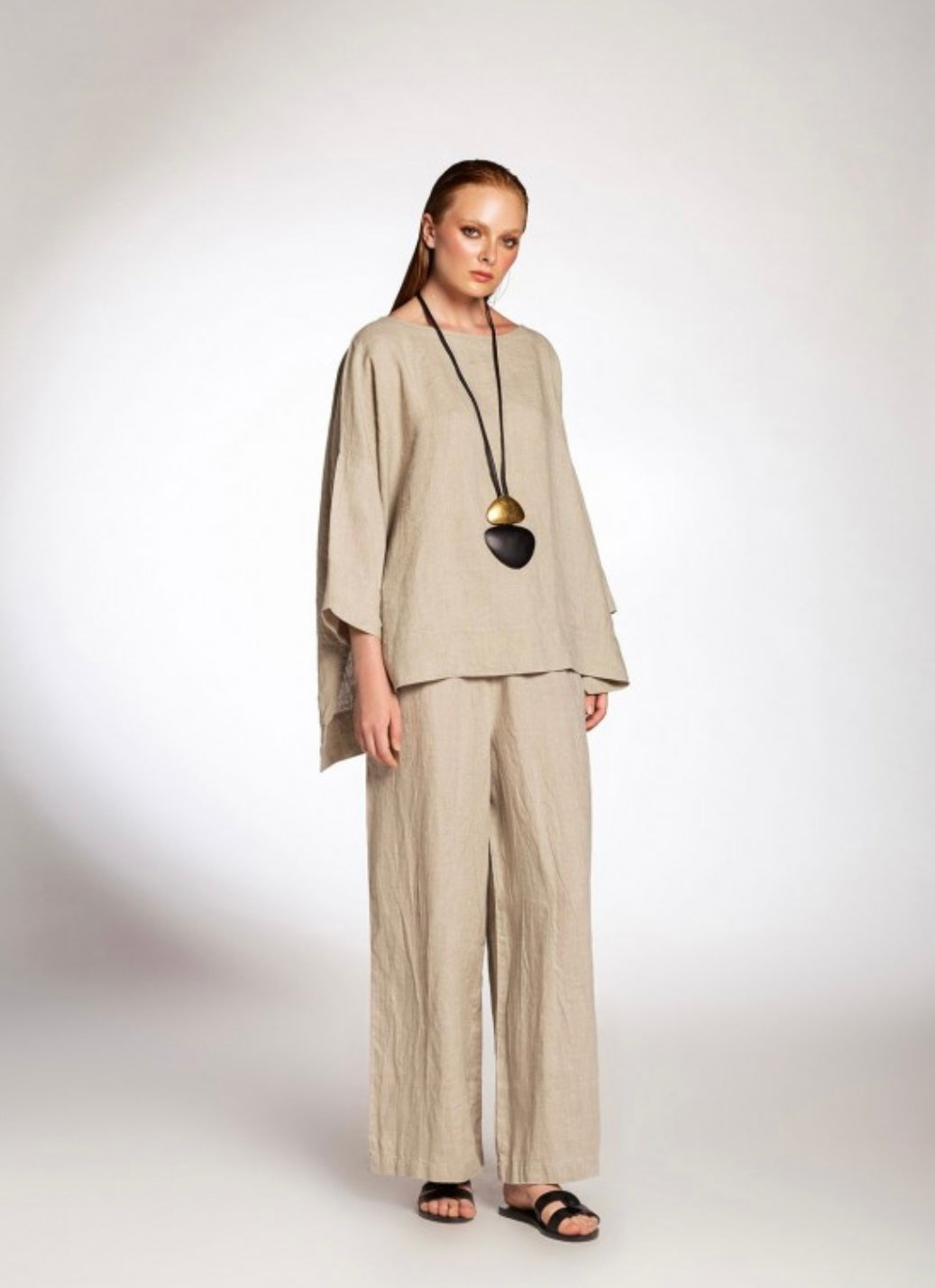 PANTS WIDE LEG HEAVY NATURAL LINEN - BEIGE