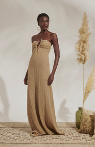 MAXI GAUZE STRAPLESS DRESS IN CAMEL