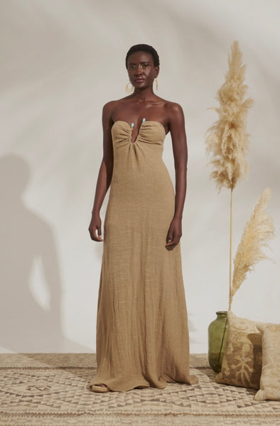 MAXI GAUZE STRAPLESS DRESS IN CAMEL