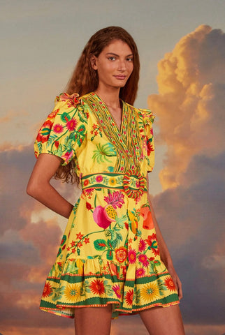 Yellow Delicate Fruit Garden Organic Cotton Mini Dress