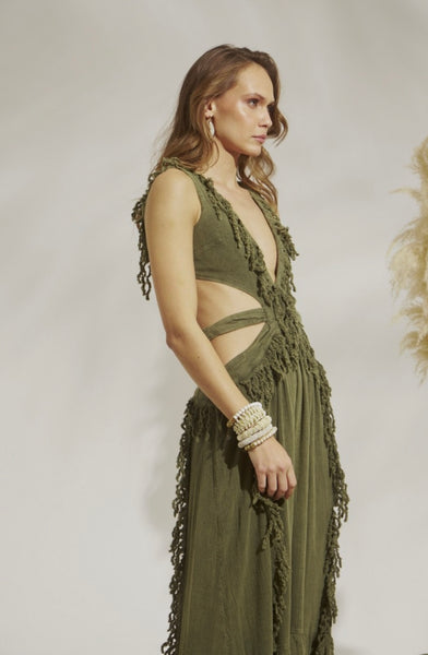 GAUZE FRINGED GOWN DRESS IN OLIVE GREEN