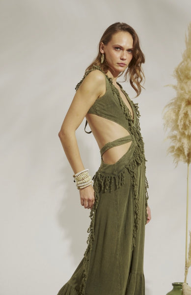 GAUZE FRINGED GOWN DRESS IN OLIVE GREEN