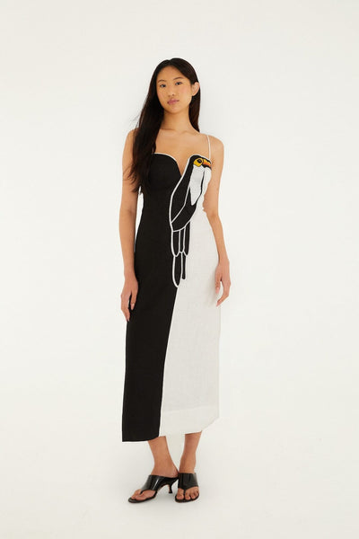Black And White Embroidered Toucan  Premium Linen Sleeveless Maxi Dress