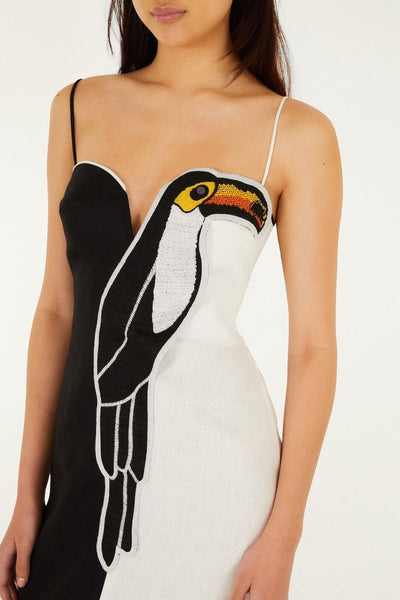 Black And White Embroidered Toucan  Premium Linen Sleeveless Maxi Dress