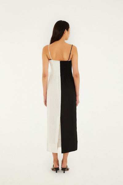 Black And White Embroidered Toucan  Premium Linen Sleeveless Maxi Dress