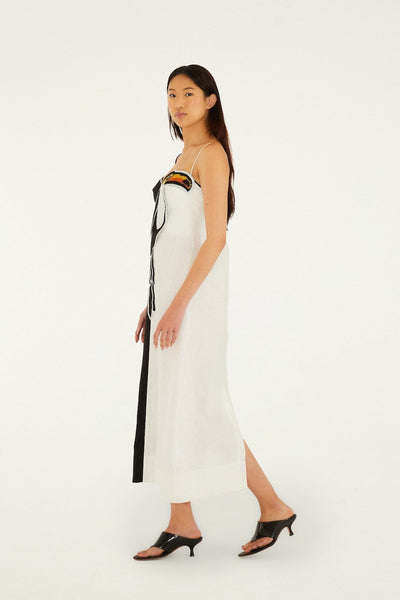 Black And White Embroidered Toucan  Premium Linen Sleeveless Maxi Dress