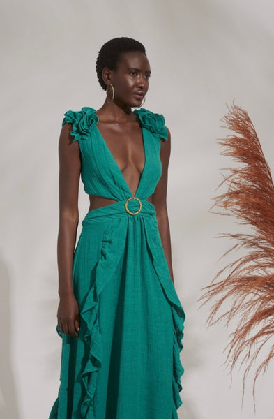 GAUZE CUT OUT GOWN DRESS IN EMERALD GREEN