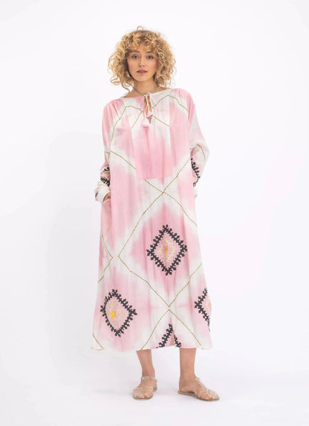 KRISHNA PINK EMBROIDERED TIE-DYE DRESS