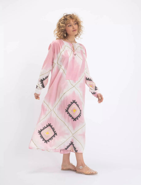 KRISHNA PINK EMBROIDERED TIE-DYE DRESS