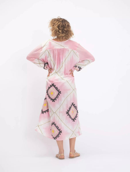 KRISHNA PINK EMBROIDERED TIE-DYE DRESS