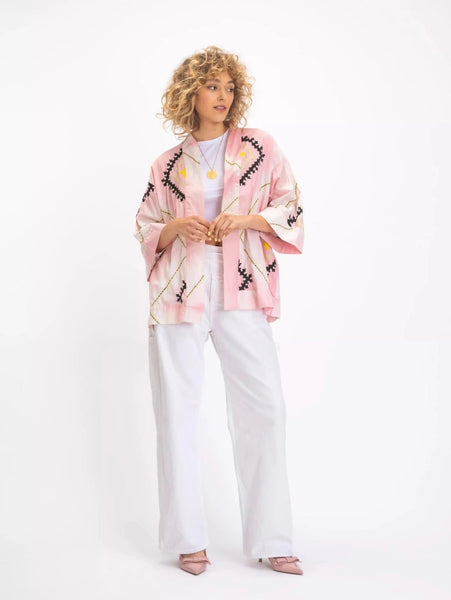 KRISHNA EMBROIDERED PINK TIE AND DYE KIMONO