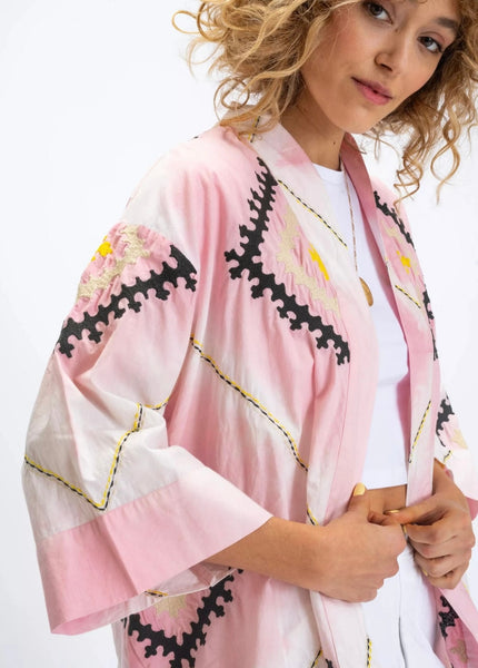 KRISHNA EMBROIDERED PINK TIE AND DYE KIMONO