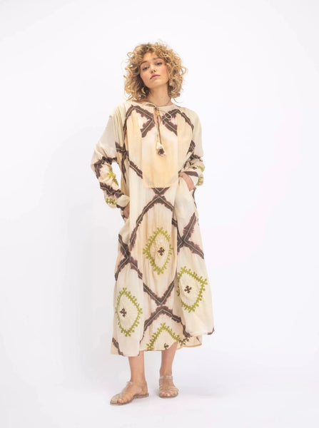 KRISHNA BEIGE EMBROIDERED TIE-DYE DRESS