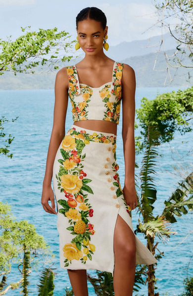 Off-White Picnic Flowers Euroflax™ Premium Linen Viscose Midi Skirt