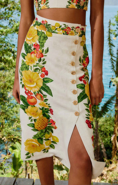 Off-White Picnic Flowers Euroflax™ Premium Linen Viscose Midi Skirt