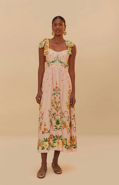 Pink Botanical Beauty Shoulder Bow Midi Dress