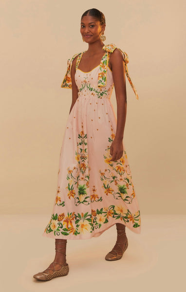 Pink Botanical Beauty Shoulder Bow Midi Dress