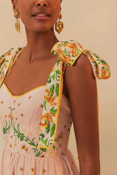 Pink Botanical Beauty Shoulder Bow Midi Dress