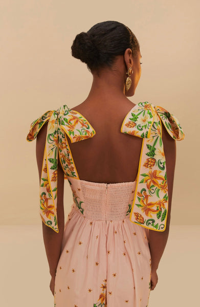 Pink Botanical Beauty Shoulder Bow Midi Dress