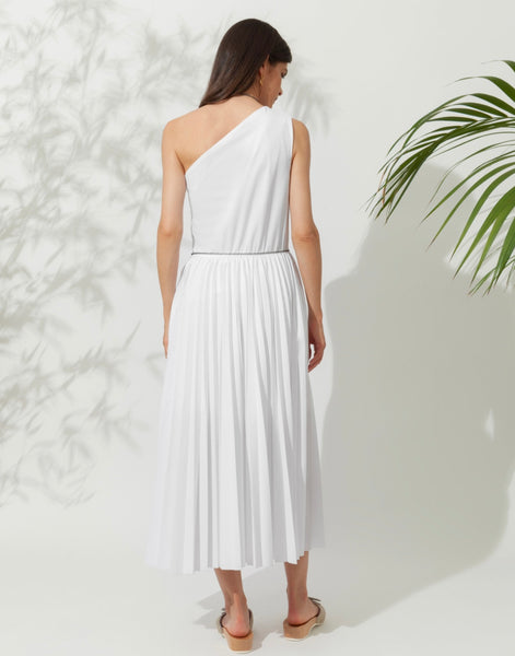 KALLOS PLEATED ONE SHOULDER MIDI DRESS WITH JEWERLY BELT