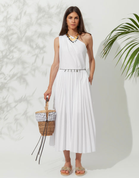 KALLOS PLEATED ONE SHOULDER MIDI DRESS WITH JEWERLY BELT