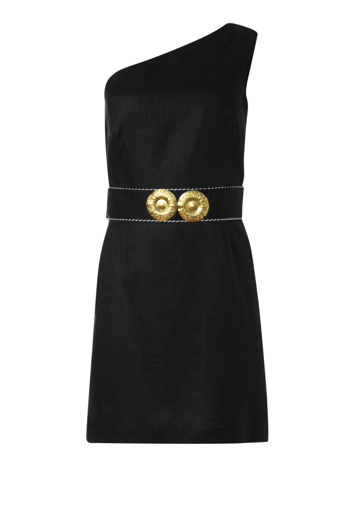 INO ONE SHOULDER LINEN MINI DRESS WITH GOLDEN BUCKLES PORTES OF GREECE INO ONE SHOULDER LINEN MINI DRESS WITH GOLDEN BUCKLES PORTES OF GREECE