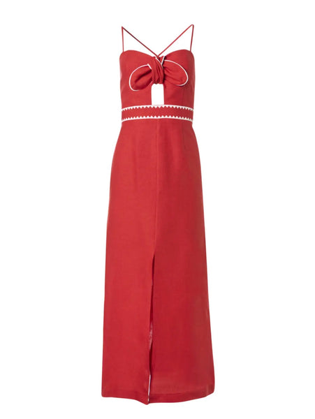 MELITA EMBROIDERED LINEN LONG DRESS RED